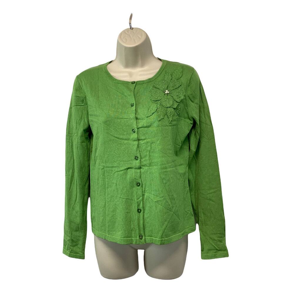 Willi Smith Womens Cardigan Sweater Size 8 Floral Green Knit Stretch Silk